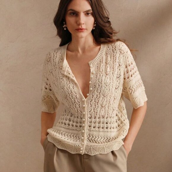 Short Sleeve Knit Cardigan with Scallop Detail, Size S - Picture 1 of 6